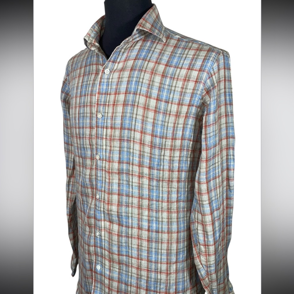 SUMMER READY PETER MILLAR COLLECTION 100% LINEN PLAID BUTTON FRONT SHIRT SZ S